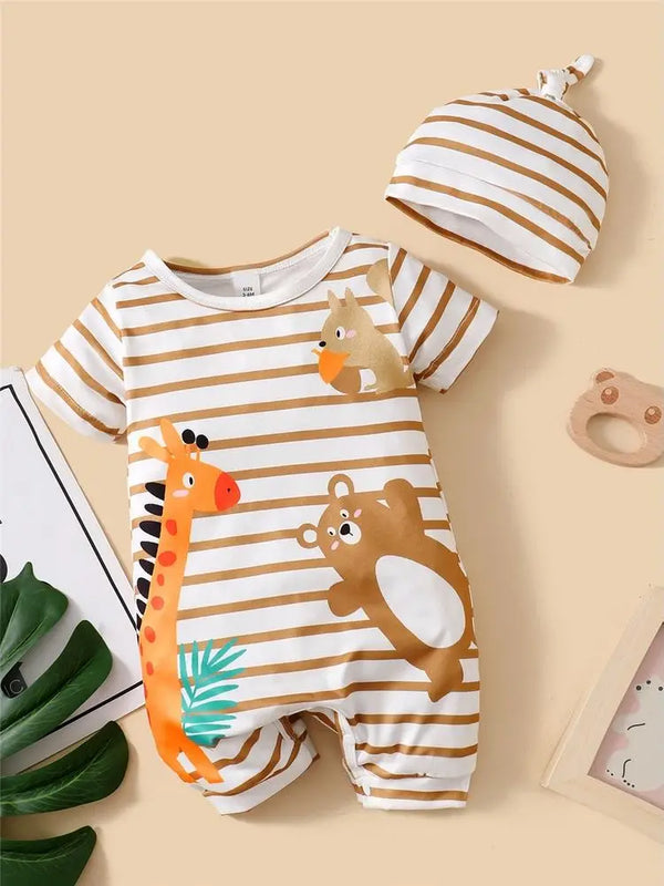 Baby Boy Cute Animals Romper Striped Short Sleeve Jumpsuit+Hat 2PCS