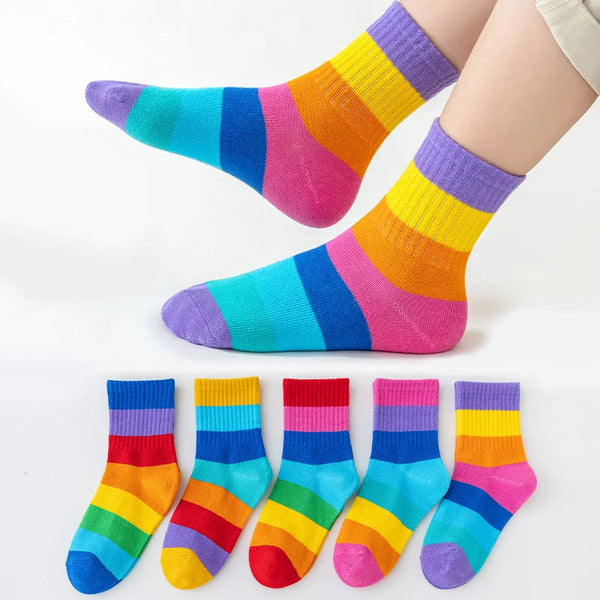 5 Pairs Girl's Rainbow Pattern Socks Cotton Comfortable Breathable