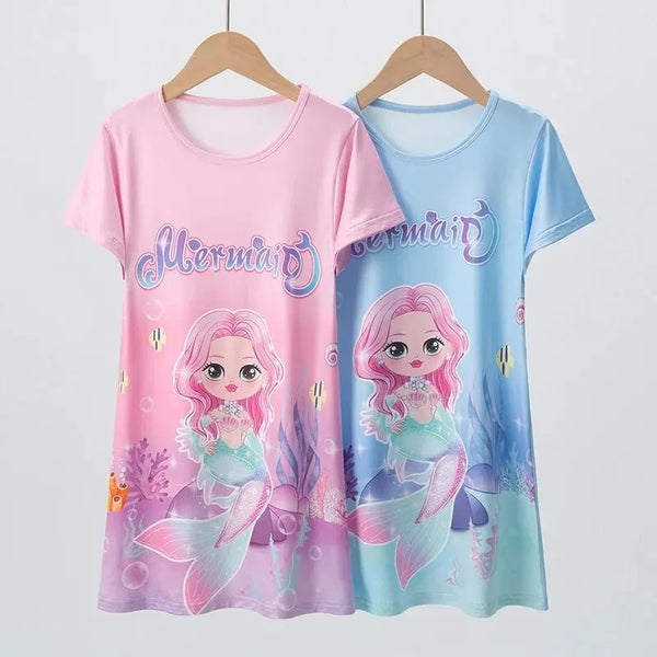 Summer Girl Ice Silk Dress Girl plus Size Cute Mermaid Pattern Leisure