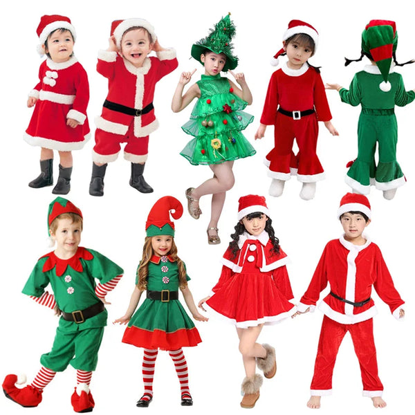 New Year Kids Santa Claus Costume Green Elf Cosplay Christmas Carnival