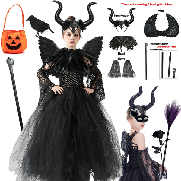 Girls Halloween Cosplay Costume Maleficent Tutu Wedsday Dresses For