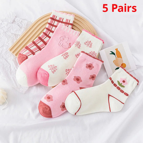 5 Pairs Pink Flower Knit Warm Childrens Socks For Girls Socks Kids