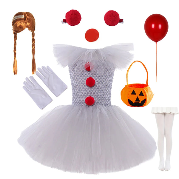 Clown Costume Girls Carnival Party Fancy Gray Joker Tutu Dress Up