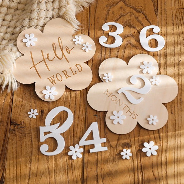 1Set Wooden Baby Month Milestone Card Flower Shape Record Card Newborn