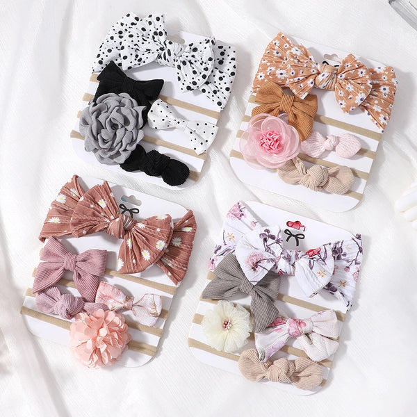 5Pcs/Set Baby Bows Lace Flower Headband Print Nylon Cotton Hair Bands