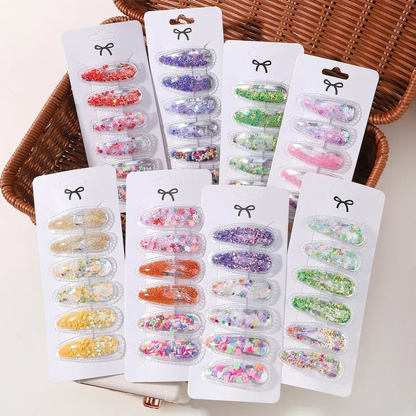 6pcs/set Kids Sequin BB Hair Clips Color Transparent Flowing Sand