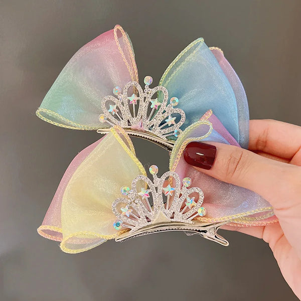 Pastel Rainbow Hair Bows Gradient Color Princess Crown Hair Clips