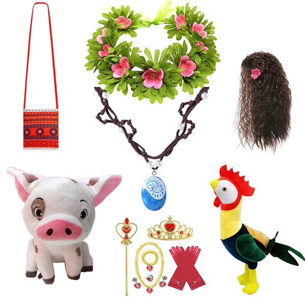 Gilrs Princess Moana Wig and Necklace Flower Clip Dress Up Set