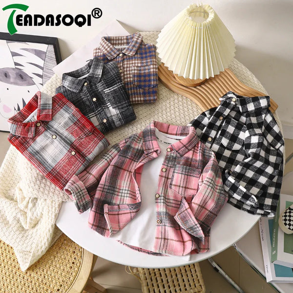 2-9Y Kids Boys Girls Spring Fall Vintage Plaid Shirt Cotton Clothing