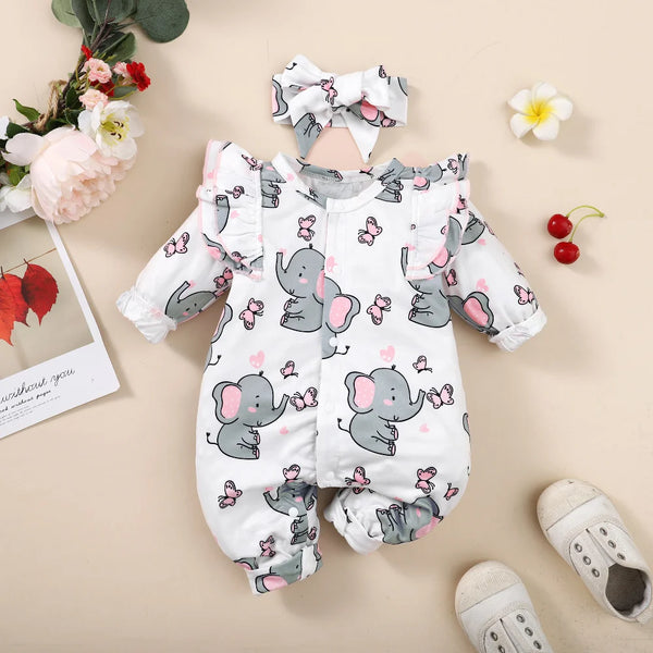 Baby Girl Romper Long Sleeve Cute Elephant Bodysuit+Headband Casual