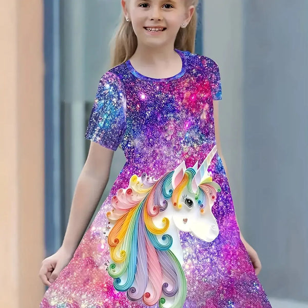 Girls Starry Unicorn Digital Print Round Neck Short Sleeve Party