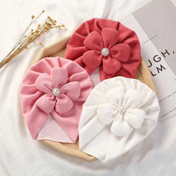 Big Flower Turban Baby Hats Faux Cashmere Pearl Newborn Beanies