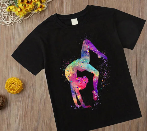 Watercolor Gymnastic Girl Print CuteChildren's T-Shirts Kids Black