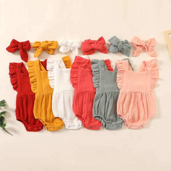 Summer Newborn Infant Baby Girls Romper + Headband Muslin Sleeveless