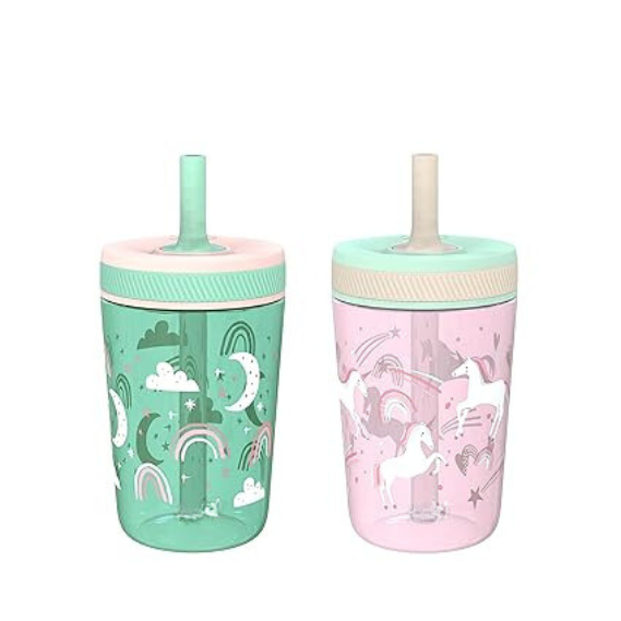 15oz Toddler Cups, 2-Pack | Durable Leak-Proof Sippy Cups with Silicone Straws (Fanciful Unicorn & Happy Skies)